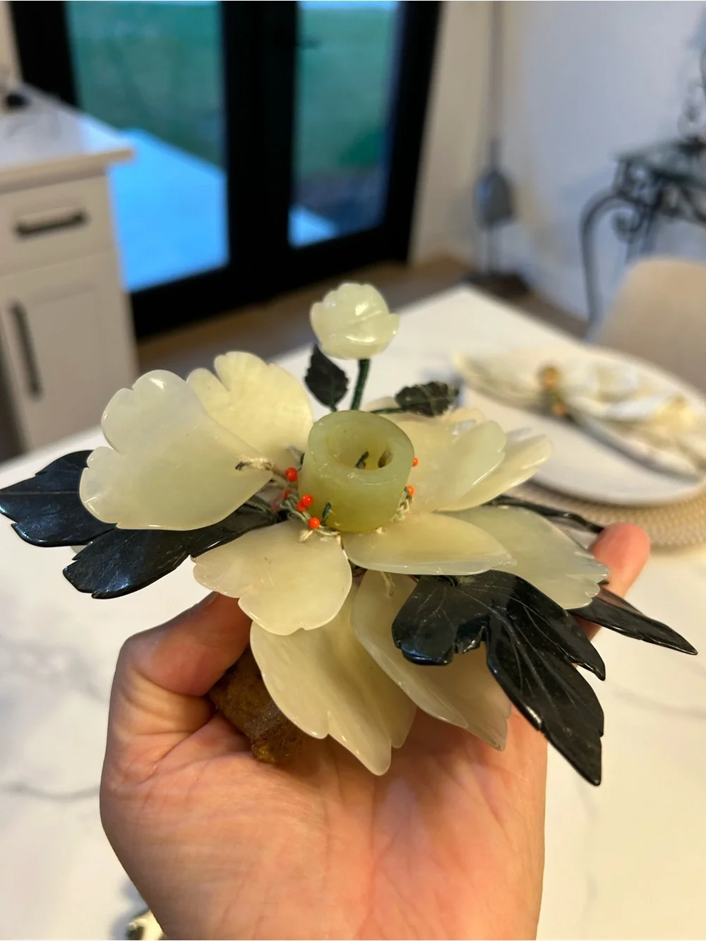 Chinese Carved Jade Lotus Flower & Leaves Candle Holder Set of 2